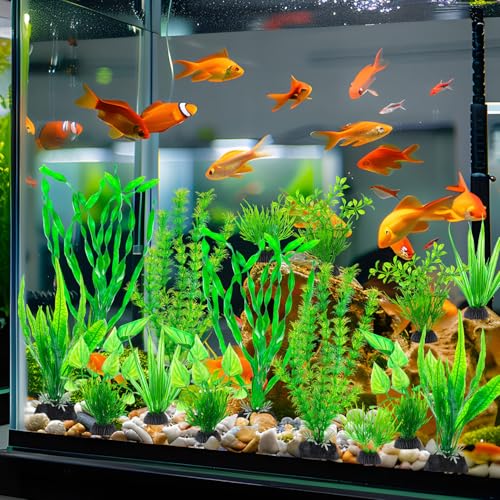Image of 28Pcs Artificial Aquarium Plants, Green Fish Tank Decorations, Fish Tank Plants Decorations for Household and Office, Various Sizes