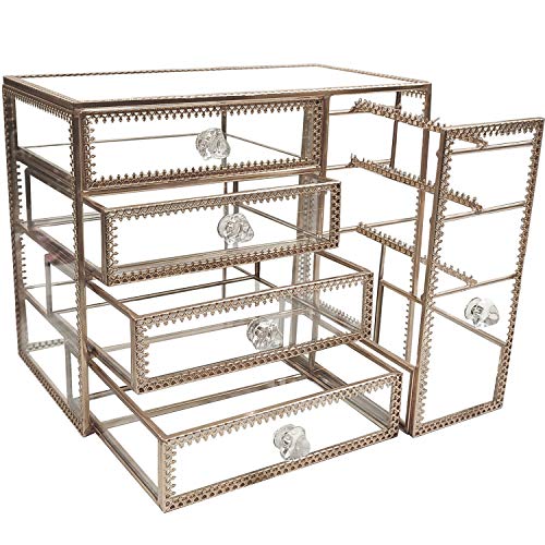 Hersoo Glass Mirrored Jewelry Drawers Box Vintage Metal Edge Organizer Beauty Display For Necklace Earrings Rings Trinkets Jewelry Stand For Girls On Makeup Vanity Night Stand (Brass) #TOP2