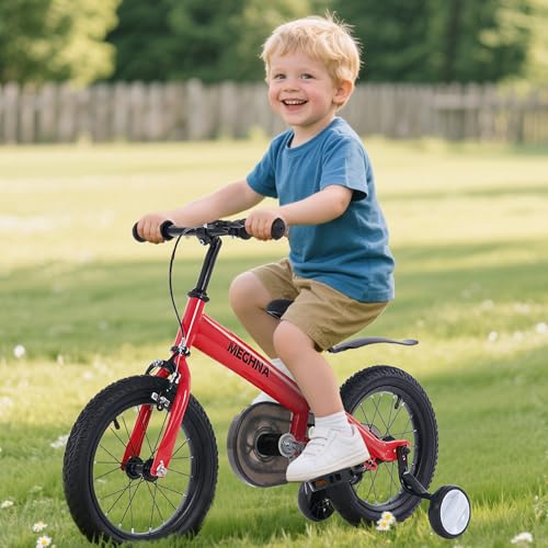 Image of MEGHNA 2 in 1 Toddler Balance Bike 14 inch Wheel Kids Bike Aged 3-7 Years Old with Footrest Detachable Training Wheels Caliper and Coaster Brake Strider Bike for Boys Girls, Easy to Assembly