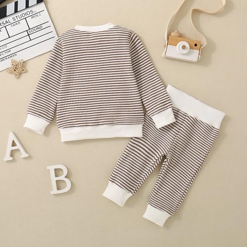 ZAXARRA Baby Boy Fall Clothes Long Sleeve Toddler Boy Waffle Sweatshirt Pullover Tops Pants Infant Fall Winter Outfits3