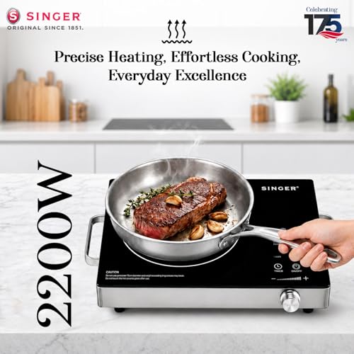 Image of SINGER Infrared Venus Pro 2200W Induction Cooktop | Glass Top | Touch Control | 4 Preset Modes | Zero Flame Cooking | 3-Hour Timer | Suitable for All Utensils | Grill Set Included - Black