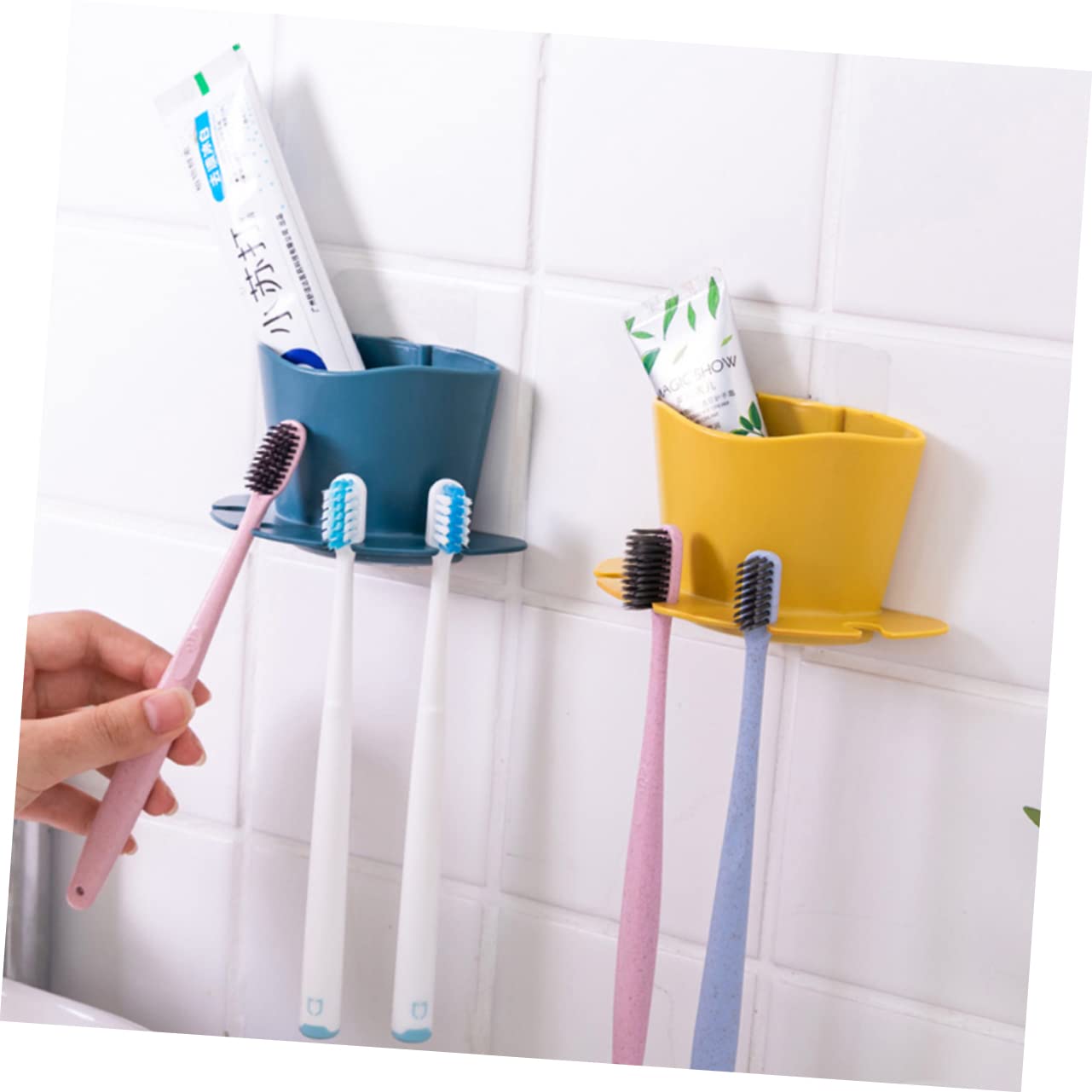 Cabilock 9piezas Soporte De Cepillos De Dientes y Afeitadoras Sin Perforaciones Organizador De Baño Multifuncional Estante De Pared De Naranja Azul Oscuro