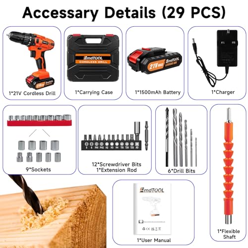 Cordless Combi Drill, 21V Power Drill Set, Electric Screwdriver Drill with 25+1 Torque Setting, 45Nm Power Tools Electric Drill Driver, 2 Speed, LED Light, 29pcs Accessories Battery Drill Kit for DIY - Image 3