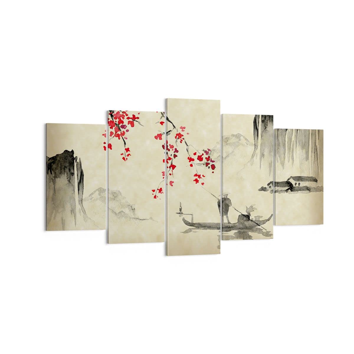 Deco Cadre Décoration Salon Fleur Cerises Japon Moderne Impression sur Toile 160x85cm Image Tableau Decoration Murale Chambre Triptyque 5 parties Art Wall Tableaux Decoratifs Muraux EA160x85-5020