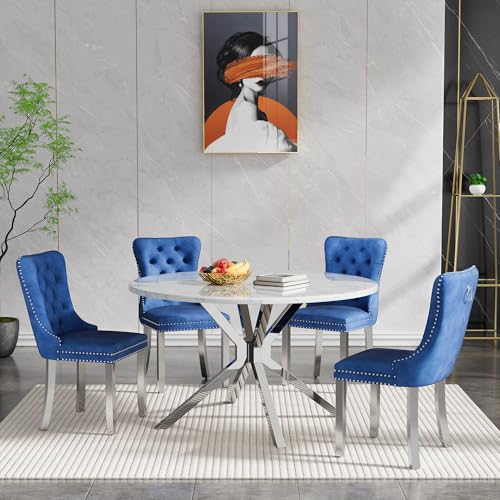 Image of 5-Piece Round Dining Table Set for 4, Modern Faux Marble Kitchen Table and Blue Velvet Chairs Set of 4, Luxury 45 inch Circle White Silver Dining Room Tables with Stainless Steel Cross Legs