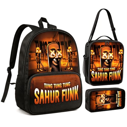 Zhazieon Adjustable Rucksack Lunch Bag Pencil Case Tung Tung Tung Sahur Backpacks 3pcs Set(Black-A3)