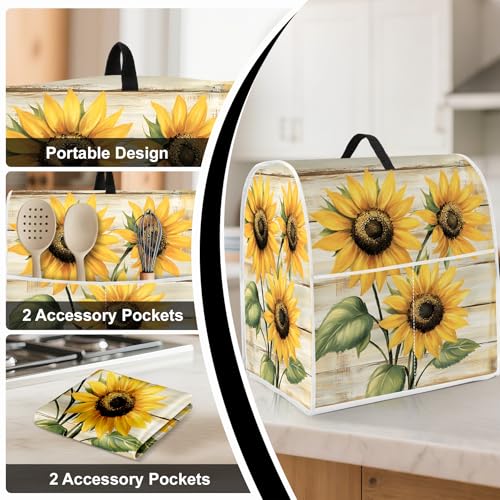 Image of Kitchen Dust Cover Compatible with 4.5 5 6 8 quart Stand Mixer, Kitchen Appliance Protective Covers with Top Handle and Pocket (Sunflower Wood Panel, For All 6-8 qt Mixer)