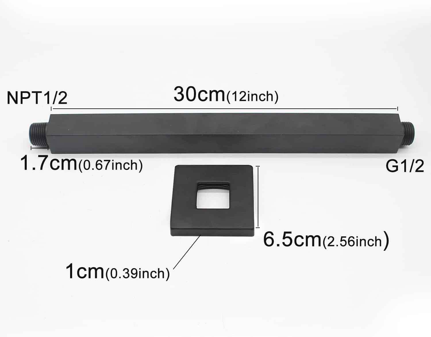 Diagram showing dimensions of the Enga 12-inch shower arm and its square flange