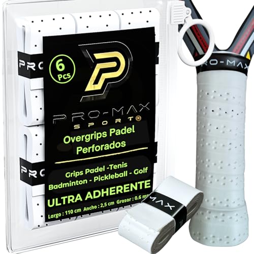 PRO MAX SPORT Overgrips Padel Extra Adherente Perforados Blanco Pack 4/6/10/25/50 Alta Absorción Sudor Cinta Agarre Antideslizante Grip Padel Pro Sobregrip Raqueta Durabilidad Accesorios Padel (6)