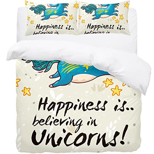 Housse de couette licorne bleue avec 2 taies d'oreiller pour lit 2 personnes