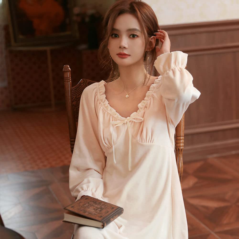 Nachthemd Damen,Damen-Nachthemden Beige, Dicker Rundhalsausschnitt, Gekräuselte Schleife, Elegantes Schlafhemd, Weiches, Bequemes, Langärmliges Nachthemd, Loungewear Für Damen, Mädchen, Pyjama-P