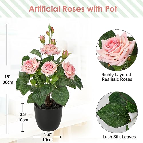 Briful 38CM Artificial Roses in Pot Pink Artificial Flowers - Image 2