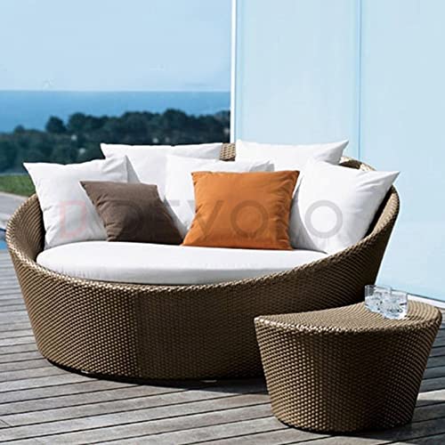 Image of DEVOKO Outdoor Pool Side,Garden,Balcony,Porch,Backyard,Terrace,Patio,Beach Round Sofa Wicker&Rattan Unique Design Daybed with Table Furniture Set(Darkbrown&Offwhite),139 Centimeters,139 Cm,30 Inch