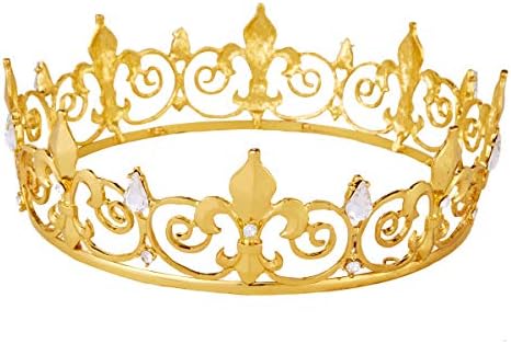 Vofler King Crown, Prince Costume Royal Medieval Fleur De Lis Metal Cake Topper Tiara w/ Clear Crystals for Men Boys Queen Bachelor Birthday Halloween Costume Hats Party Prom Pageant Homecoming, Gold