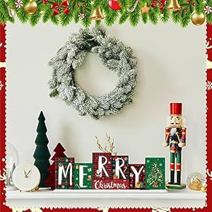 Reversible Christmas Wooden Table Sign Double Side Xmas Tabletop Decor Merry Christmas Tiered Tray Decor Hello Winter Wood Block Farmhouse Table Centerpiece for Home Mantle Shelf Party
