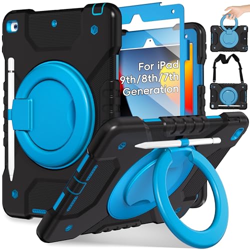 Andnary Case for iPad 9th/8th/7th Generation 10.2 inch, Heavy Duty Shockproof Cover with 360° Rotating Handle/Bracket/Pen Holder/Shoulder Strap, Kids Case for iPad 2021/2020/2019 (Black+Blue)