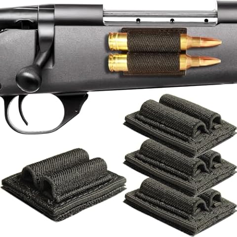 Bullet Holder 2 Rounds | Rifle Ammo Holder with Hook&Loop and Adhesive Backing Sticker | 223 308 30-06 Cartridge Reloader for Rifles Side and Buttstock, Two Round Gun Shell Stock Pouch - 4 Pack Cover