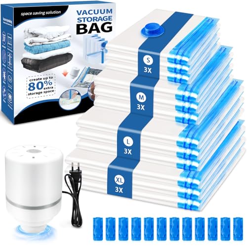 GMUFTIR Bolsas Vacío Ropa con Bomba Eléctrica, 12 Piezas Bolsas de Almacenaje al Vacio (3 Jumbo, 3 Grandes, 3 Medianas, 3 Pequeñas), Resistente y Reutilizable, para Guardar Ropa, Ropa de Cama, Mantas
