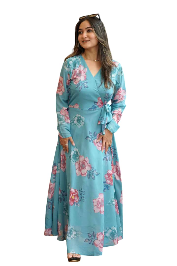 Women's Georgette Long Sleeve V-Neck All Over Print Maxi Length Anarkali Stitched Gown for Girls.(T-Taniya)