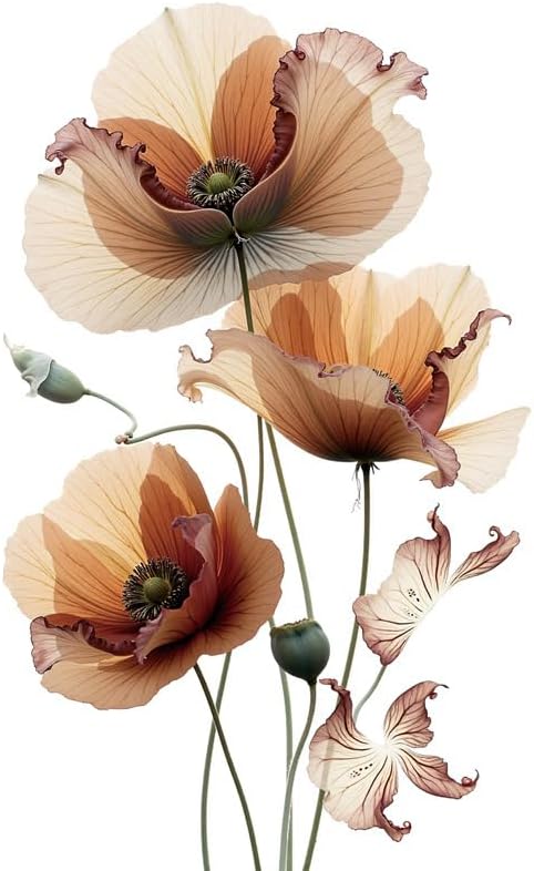 Elegant Poppy Wall Decal Large Brown Beige Removable Stickers Nordic Style Home Decor for Living Room Bedroom