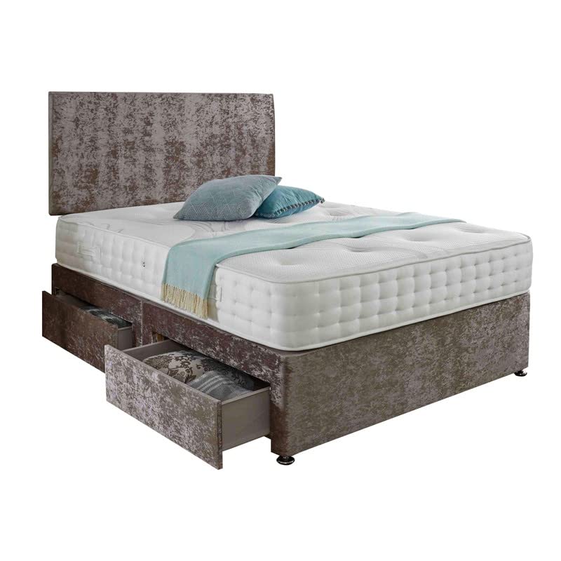 SANA SLEEP Classic Premium Fabric Divan Bed Set With Open Coil Memory Foam Mattress, No Storage and Matching Headboard 3FT Single - Chocolate Cruhsed Velvet