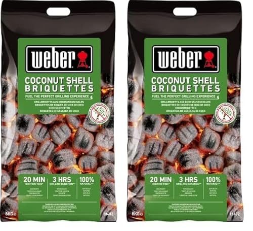 Weber Grill-Briketts aus Kokosnussschalen (8kg Sack), leistungsstark, für Lange und konstante Glut, ideal für längeres Grillen des Grillguts, 100% natürlich (18402) (Packung mit 2)
