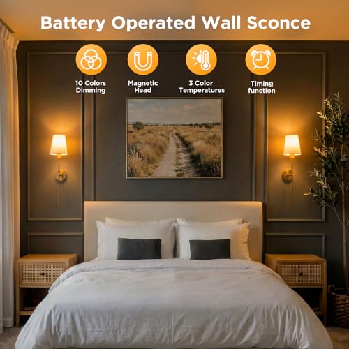 Image of Brightown Battery Operated Wall Sconces Set of Two,Linen Sconces Wall Decor | RGBWW Rechargeable Wall Lights with Dimmable Magnetic Bulbs & Remote, Wireless Wall Lamp for Living Room Bedroom Hallway