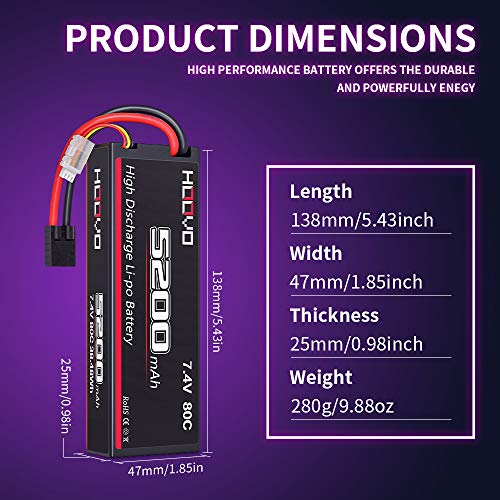 HOOVO 2S 7.4V 5200mAh 80C Lipo Battery Hard Case with Traxxas Plug Connector for RC Car Vehicle Truck Buggy Losi Traxxas Slash Buggy Team Associated