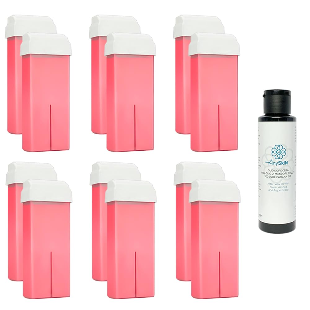 Roll-on Enthaarungswachs mit Fettlöslichkeit, 100 ml, Nachfüllpackung für Handstück, Wachserhitzer, Wachserhitzer, Epilation, 12 Stück, Rosa + gratis Anyskin® Öl nach Wachs, 100 ml
