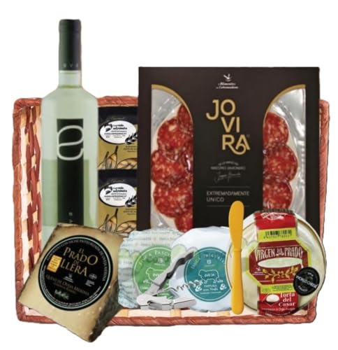 Cesta Lote Pack Aperitivo Empresas Vino Blanco Dulce Eva Queso de Oveja Curado al romero Queso Pastura con Trufa Queso de Oveja Cumbre Queso Torta del Casar Picos de Pan - CORAZON EXTREMEÑO