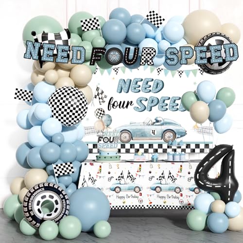 Fiesec Need Four Speed Birthday Party Decorations for Boys - 116 PCs Race Car 4th Birthday Party Supplies with Balloon Garland Backdrop Banner Tablecloth Cake Topper Foil Balloon