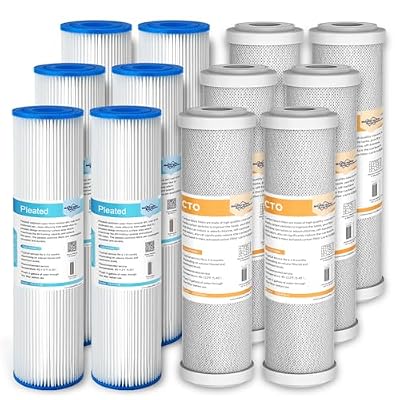 50 Micron Pleated Polyester Sediment Water Filter & 5 Micron CTO Carbon Block Water Filter 10"x2.5", Whole House Pre-Filter Universal Replacement Filter