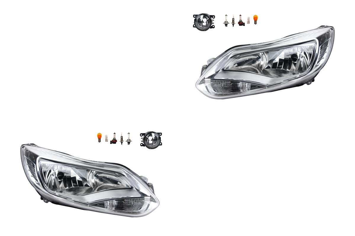 Johns, Set di fari alogeni anteriori adatti per Ford Focus 11 04/2011-09/2014 H7 H1 sinistra e destra + fendinebbia + lampadina