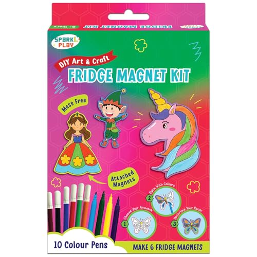 Image of SparkLPlay DIY Craft Kit for Kids Coloring Set with 6 Fridge Magnet Cutouts, 10 Color Pens. Mess Free. Gift for Kids. (Unicorn Princess)