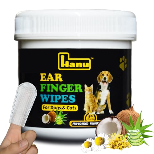 Image of Hanu Ear Finger Wipes for Dogs & Cats Gently Remove Dirt, Wax & Debris - Relieve Ear Itching & Discomfort, Sooths & Deodorizes - All Natural Ingredients - Vet Recommended - 50 Count
