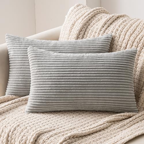 MIULEE 2er Set Kissenbezug 30x50 cm Kord Kissenhülle Sofakissen Hellgrau | Dekorative Kissenbezug Couchkissen Dekokissen Zierkissenbezug Deko Kissenhülle mit Verstecktem Reißversch