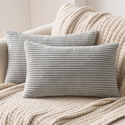 MIULEE 2er Set Kissenbezüge Kord Kissenhülle Dekorative Kissenbezug Sofakissen Couchkissen Dekokissen Zierkissenbezug Deko Kissenhülle mit Verstecktem Reißverschluss 30x50 cm Hellgrau