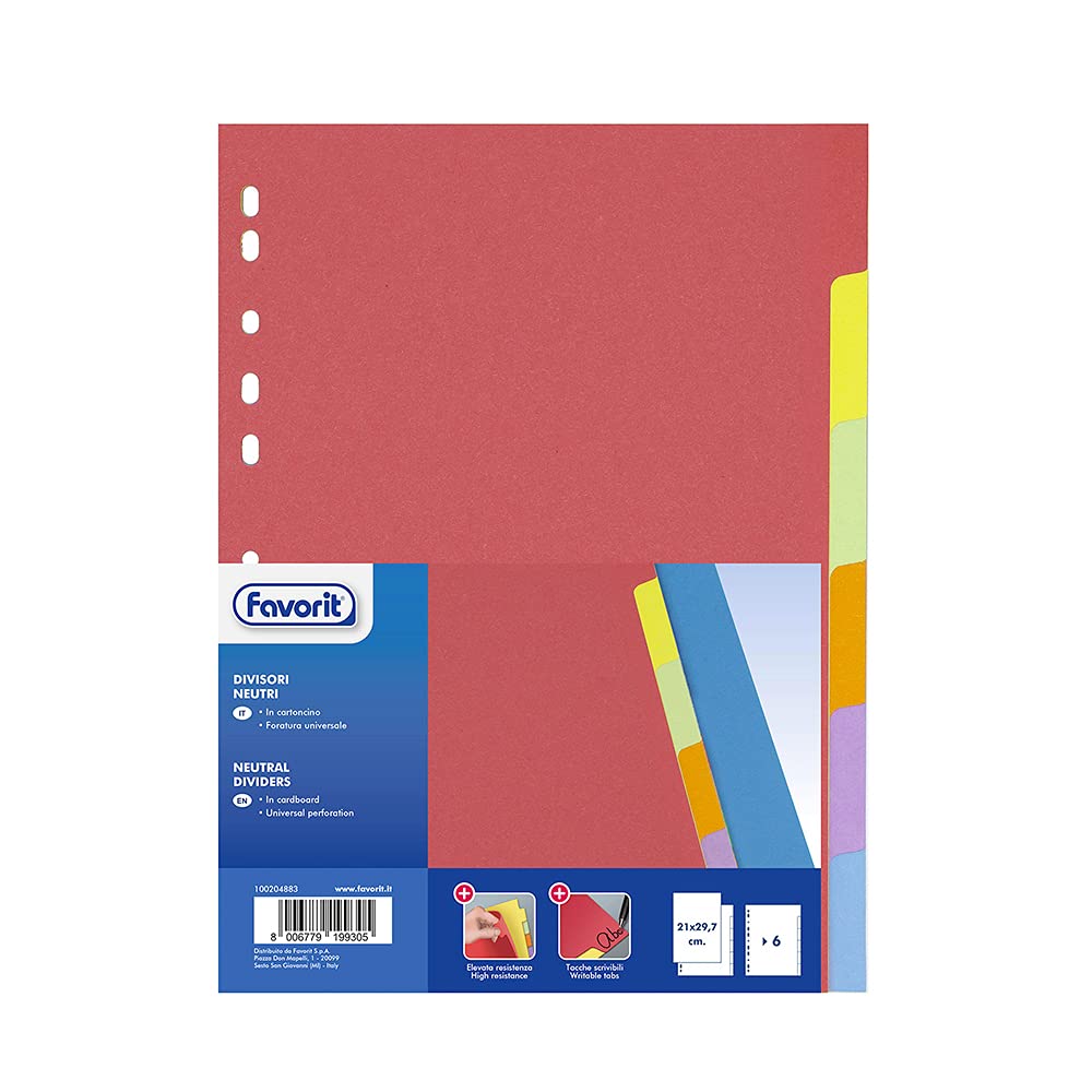 Favorit 100204883 Divisori a Foratura Universale per Raccoglitori ad Anelli con 6 Tacche Neutre Colorate Personalizzabili, Formato Interno A4, in Cartoncino da 225 g/​m²