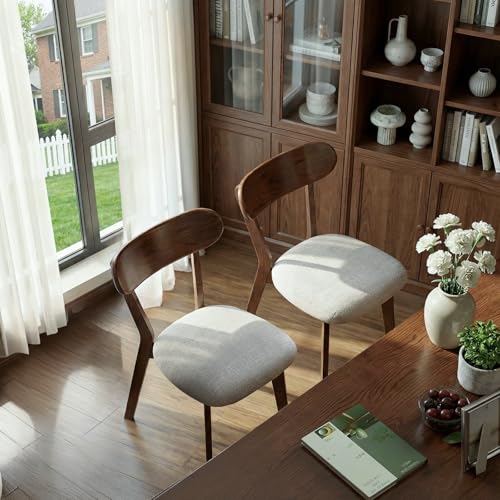 Image of 100% Solid Wood Dining Chairs,Mid Century Modern Dining Chairs with Rounded Backrest,Kitchen,Dining Room Chairs Set of 1 /2 /4 (6, Walnut Color Grey Upholstery)
