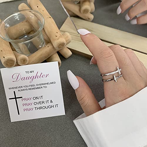 RINHOO To My Daughter/Granddaughter Ring-Pray Through It Cross Ring Double Cross Adjustable Baptism Ring Silver Gold CZ Diamond Creative Wedding Commitment Ring for Woman2