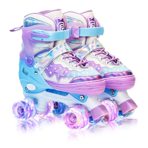 PUMVEX Kinder-Rollschuhe mit 4-stufiger Größenanpassung, 8 leuchtenden Rädern für Mädchen und Jungen, anfängerfreundliche Quad-Rollschuhe, ideales Weihnachts- und Geburtstagsgeschenk