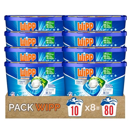 Wipp Express Power Caps Detergente en Cápsulas para Lavadora- 80 Dosis - 10 x 8 Capsulas. Limpieza Profunda, Eficaz en Agua Fría