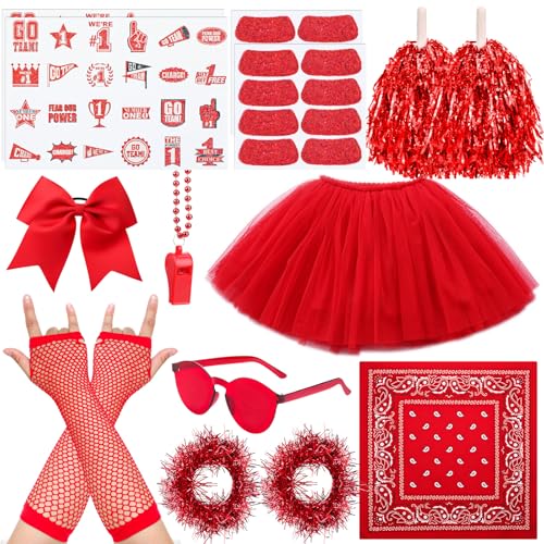 Ramede 21 Pcs Red Spirit Wear Girls Color War Camp Accessories Team Spirit Day Accessories Spirits Bundles Colored Stuff Field Pep Rally Supplies Camp Game Color Items Bulk Tutu for Sport