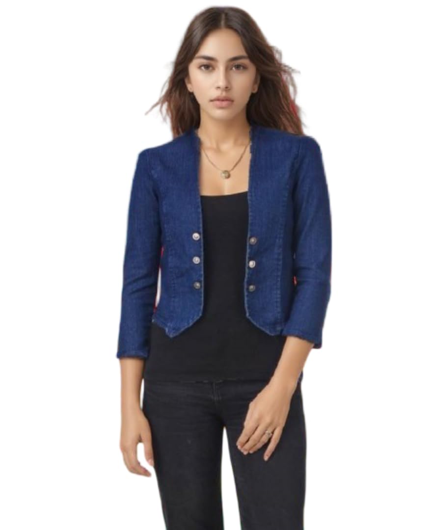 ootptaang Women's Denim Shrug Coat, Blue, Button Front, 3/4 Sleeve, Cropped Style (IN, Alpha, M)-picture-39