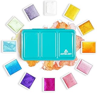 Antek Art Metallic Watercolour Paints, Set of Glitter Colours in Portable Metal Case with Palette, Great Gift Idea for Artists, Painters, Students, Kids (12 Glitter Colors)