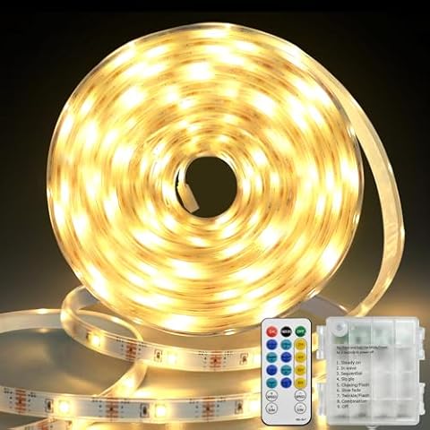 echosari 150 LED Strip Lights Battery Operated 16.4Ft Waterproof Strip Lights with Remote Timer Cuttable Light Strip for Indoor Outdoor Bedroom Cabinet Boat Decor (Warm White) Cover