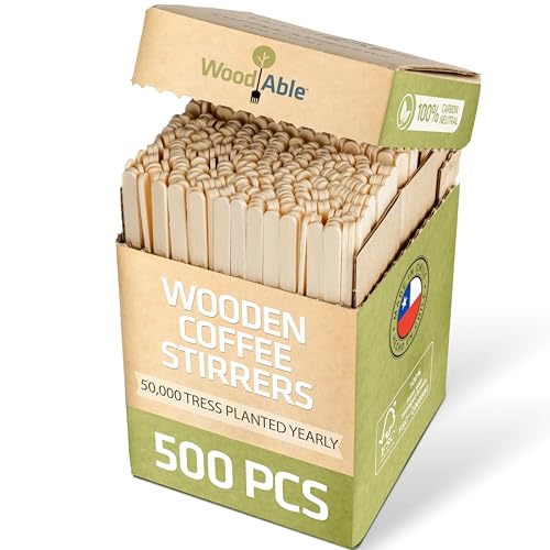 WOODABLE 5.5 Inch Wooden Coffee Stirrers, 500 Count, Disposable & Compostable Wood Coffee Stick Stirrers | Eco-Friendly, Sustainable, Organic, Biodegradable, Vegan-Friendly Coffee Station Supplies