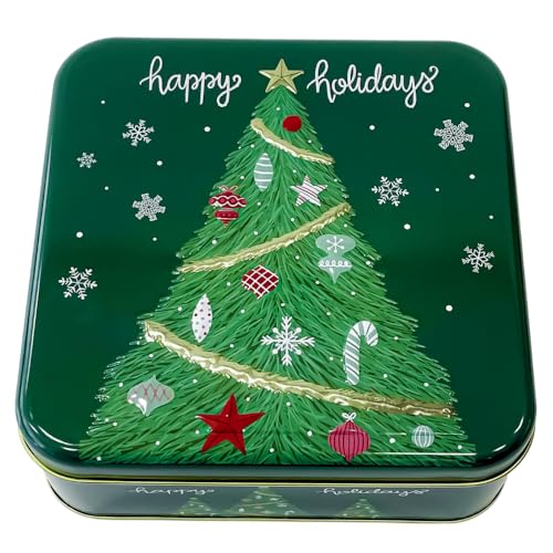 Metal Square Festive Christmas Cookie Tin with Embossed Lid for Gift Giving & Holiday Treats Multipurpose Container for Candy Snacks Holiday Christmas Party Decor Favor Gift Box GREEN GOLD XMAS TREE