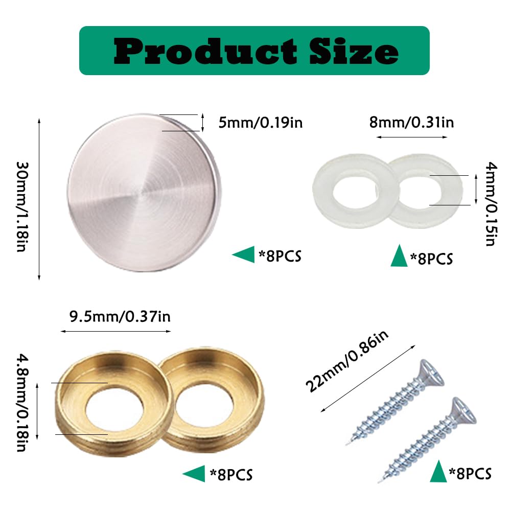 8 Sets Mirror Screws Stainless Steel Decorative Cap Cover Nails 30MM Screw Cap Nails for Mirrors Furniture Fittings Bath Plates Tables Wardrobes Glass - Image 2