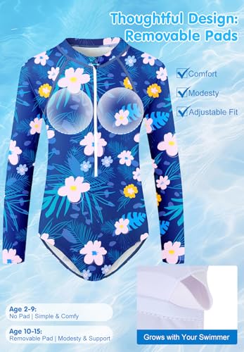 Image of Zando UPF50+ Girls Long Sleeve One Piece Swimsuit with Zipper - Rash Guard for Teens Toddler Kids 2-15 Years